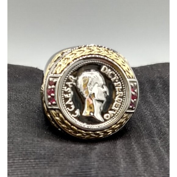Caesar Dict Perpetvo Medallion Silver and Ruby Men's Ring - Michael Valitutti